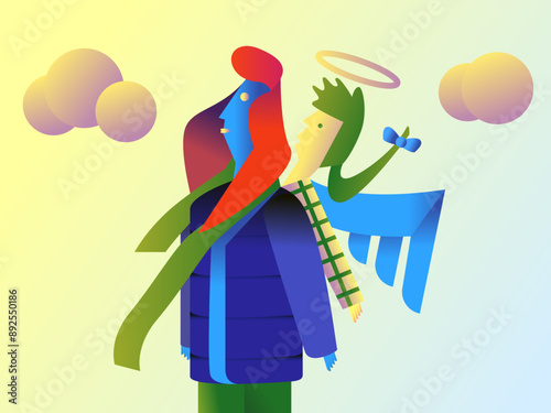 woman holding angel on her back illustration