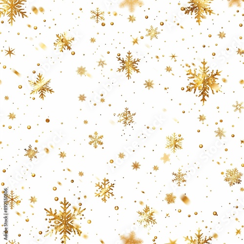 Pattern of golden snowflakes on a white background. A white background with snowflakes and gold snowflakes. © Halina