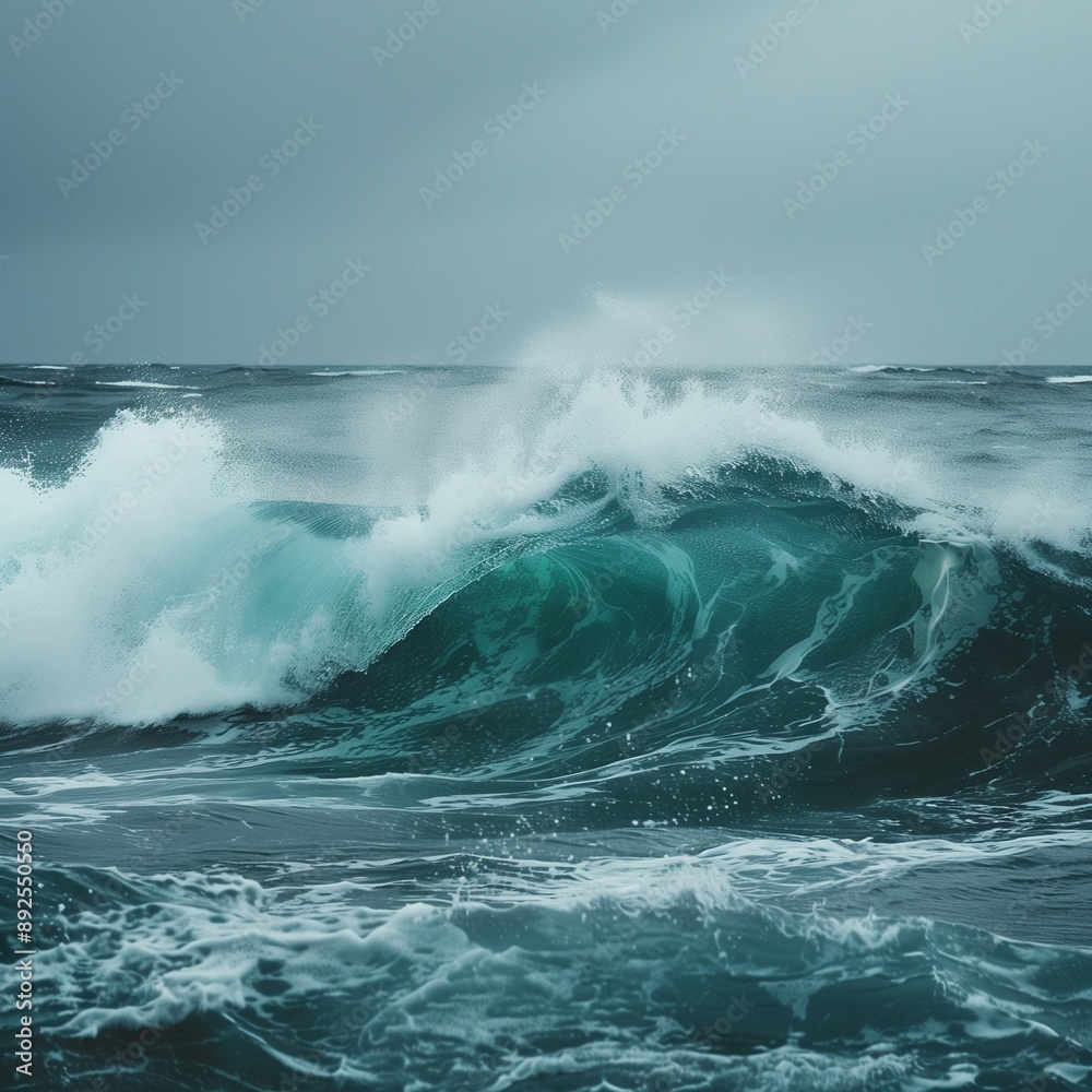 Obraz premium Powerful Ocean Wave in Stormy Weather. Dynamic and Majestic Sea with Turbulent Water and Foamy Crests under Moody Sky 