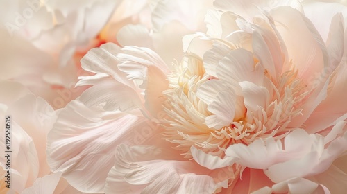 A close-up of a peony, with layers of delicate petals.