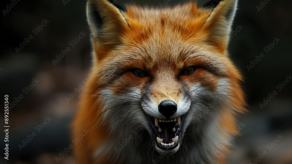 Fototapeta premium Red fox snarling with sharp teeth visible, creating an intense and wild expression, against a dark natural background.