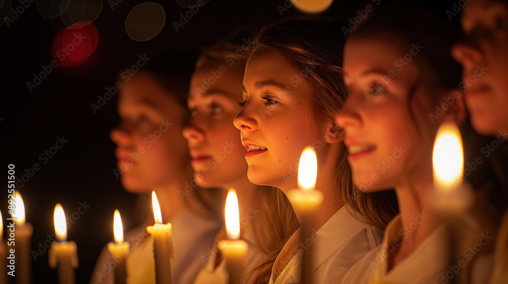 Fototapeta premium Group of girls holding candles, faces illuminated by the warm glow, creating a serene and heartfelt atmosphere in a dark setting.