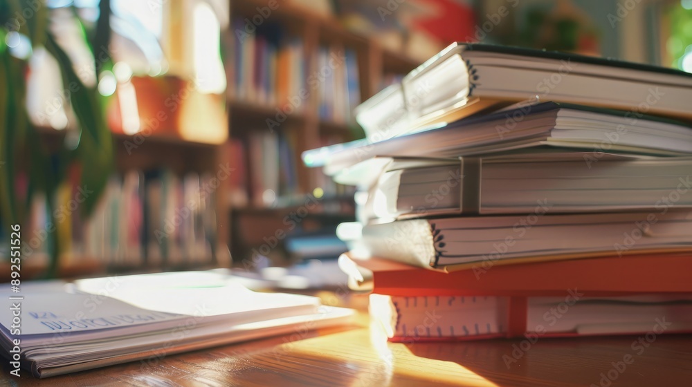 A close-up of a stack of homework assignments on a teacher desk. A close-up of a stack of homework assignments on a teacher desk.