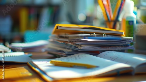 A close-up of a stack of homework assignments on a teacher desk. photo