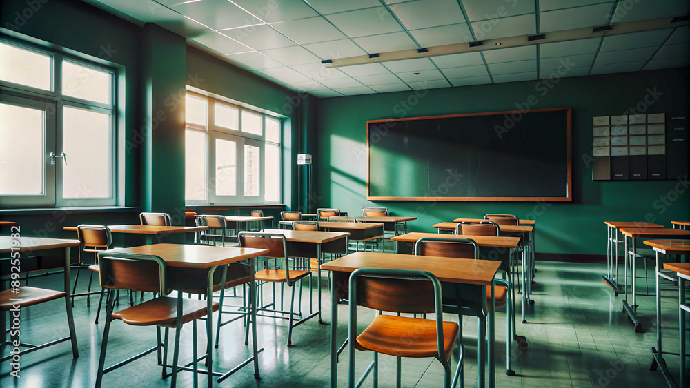 Empty Classroom with Desks and Chairs. Empty Classroom with Desks and Chairs.