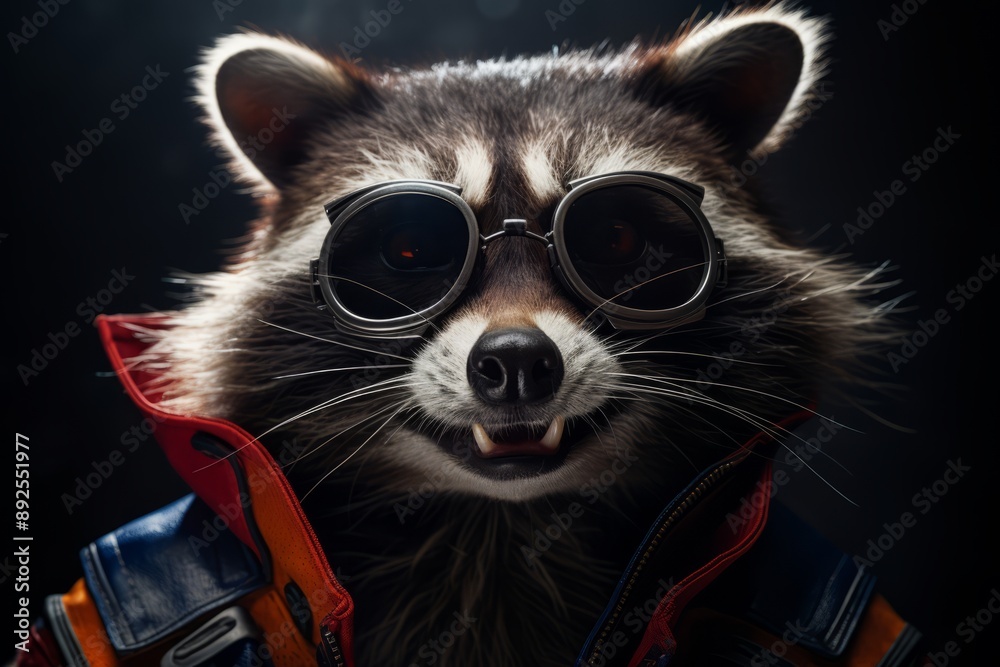 Obraz premium Close up portrait of a raccoon in a superman costume wearing glasses 