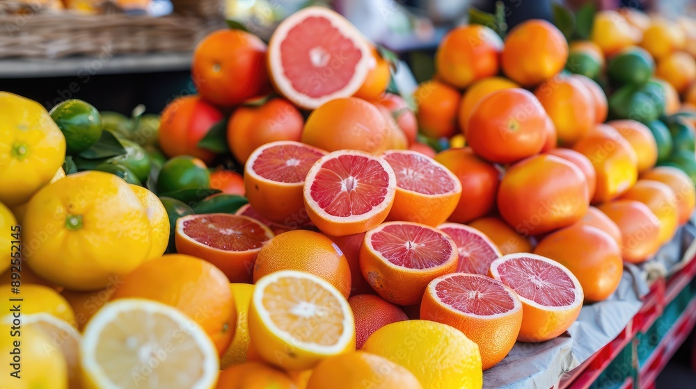 A display of fresh citrus fruits in a market, with bright colors and textures. A display of fresh citrus fruits in a market, with bright colors and textures.