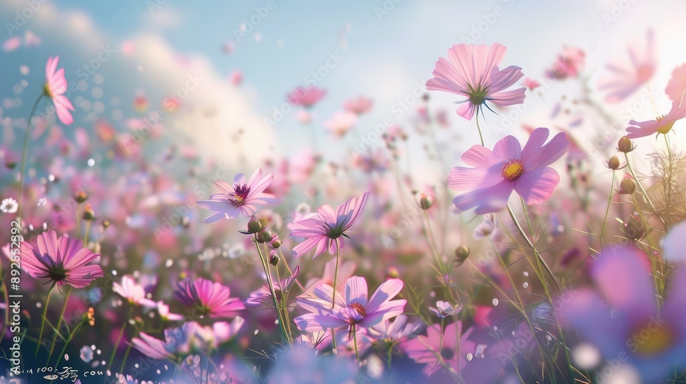 A field of cosmos flowers swaying in the breeze. A field of cosmos flowers swaying in the breeze.