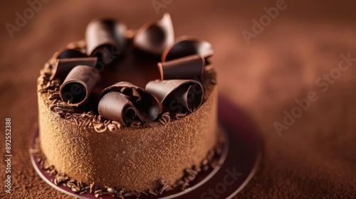 sophisticated espresso cake with dark chocolate curls on a deep espresso background, chic and perfect for coffee enthusiasts