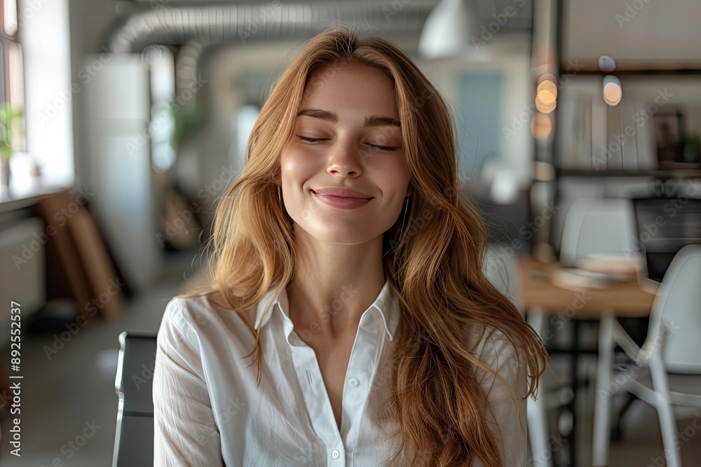 A woman with long brown hair is sitting in a room and smiling. She is wearing a white shirt and she is in a relaxed and happy mood A woman with long brown hair is sitting in a room and smiling. She is wearing a white shirt and she is in a relaxed and happy mood