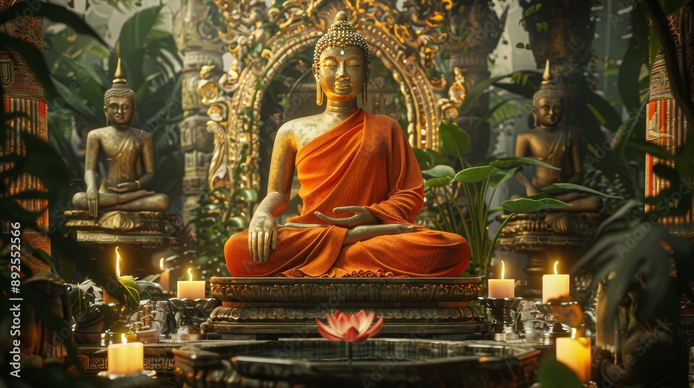 Ancient temple with large buddha in orange robe, holding lotus, amidst greenery and candlelight Ancient temple with large buddha in orange robe, holding lotus, amidst greenery and candlelight