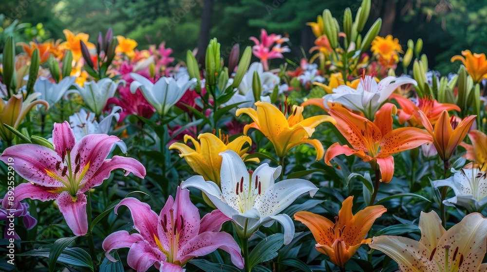 A garden filled with blooming lilies, creating a vibrant display. A garden filled with blooming lilies, creating a vibrant display.