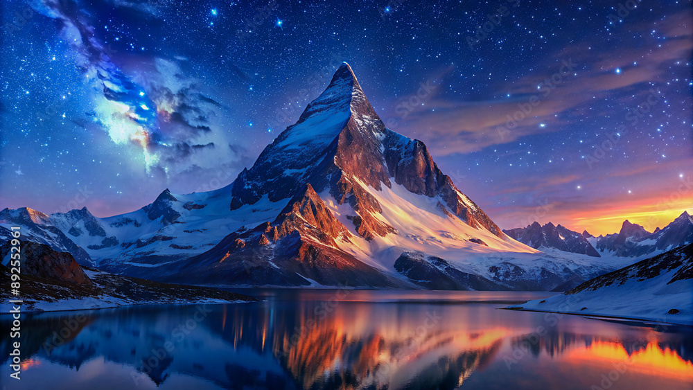 Majestic Mountain Peak with Starry Night Sky and Reflection. Majestic Mountain Peak with Starry Night Sky and Reflection.
