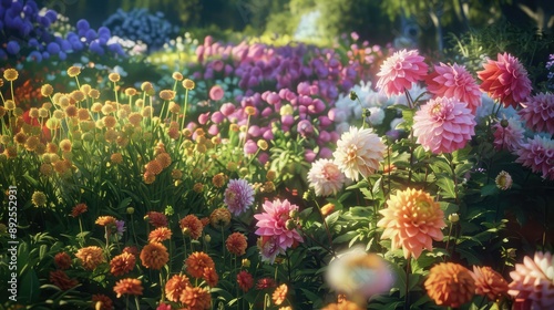 A garden filled with blooming dahlias, creating a colorful display. photo