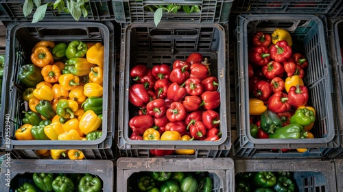 Various sweet peppers in plastic box, food storage or market photo