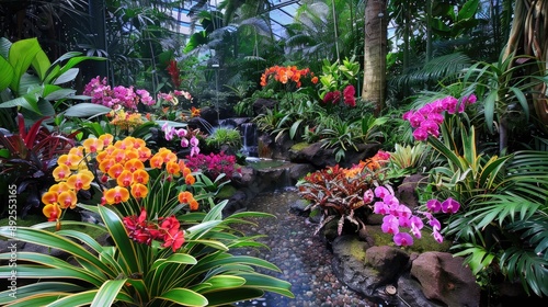 A garden filled with blooming orchids, creating a vibrant display.