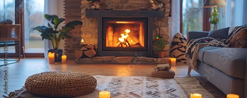 Crackling fireplace in a cozy living room, highlighting the soothing sound and rhythm of fire photo