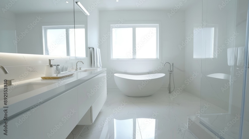 Clean white bathroom with a minimal design and seamless fixtures