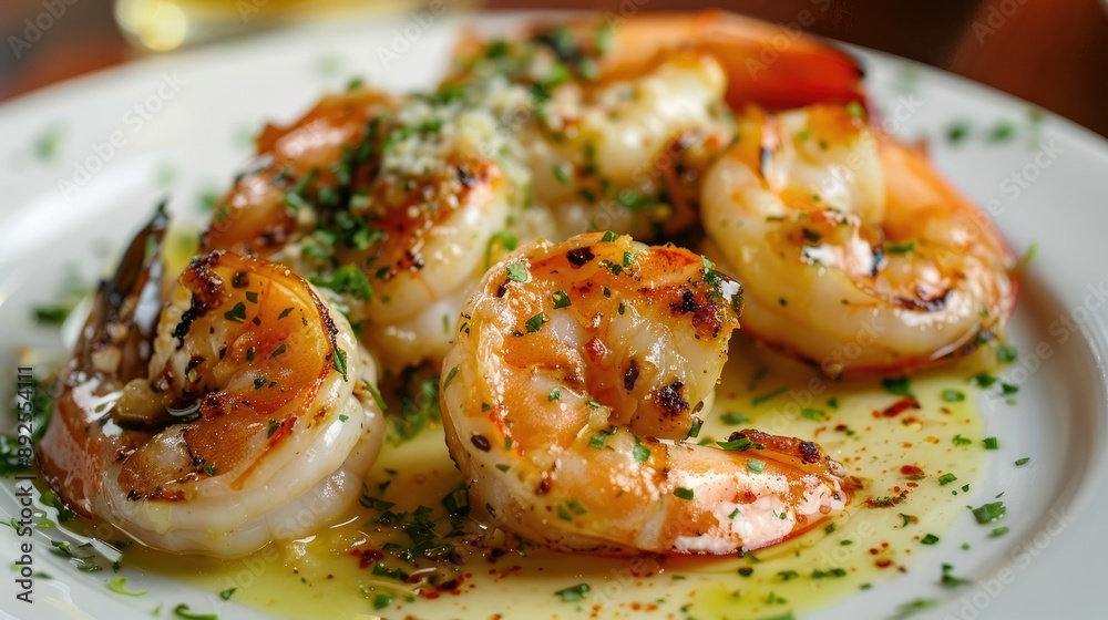 Close-up of big grilled shrimp with garlic butter sauce on a white plate Close-up of big grilled shrimp with garlic butter sauce on a white plate