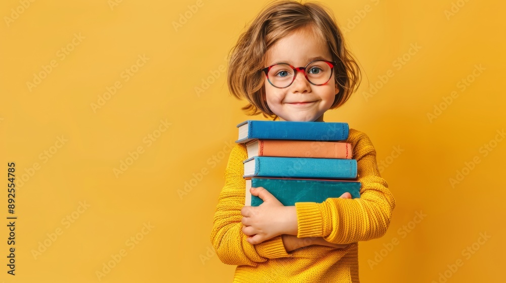 Cute boy in glasses holding textbooks on a yellow background. The concept of school and learning