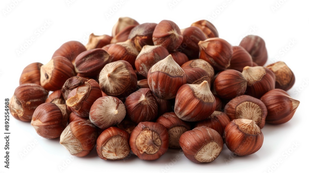 A pile of nuts with a white background. The nuts are brown and have a nutty smell A pile of nuts with a white background. The nuts are brown and have a nutty smell