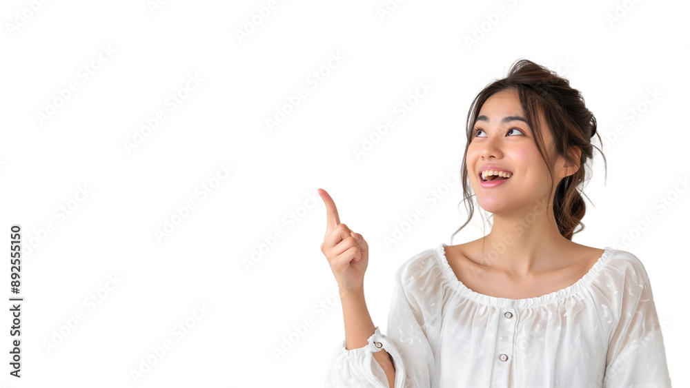 Woman smiling and pointing at copy space on side,isolated on white background,web banner. Woman smiling and pointing at copy space on side,isolated on white background,web banner.