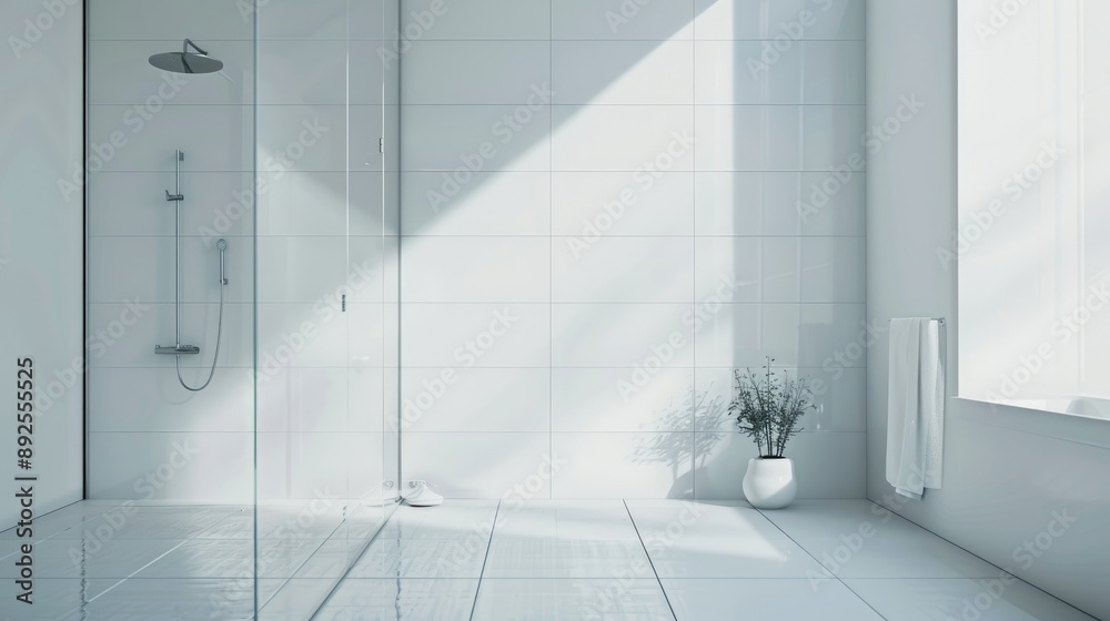 Minimalist bathroom with a glass shower and white tiles Minimalist bathroom with a glass shower and white tiles