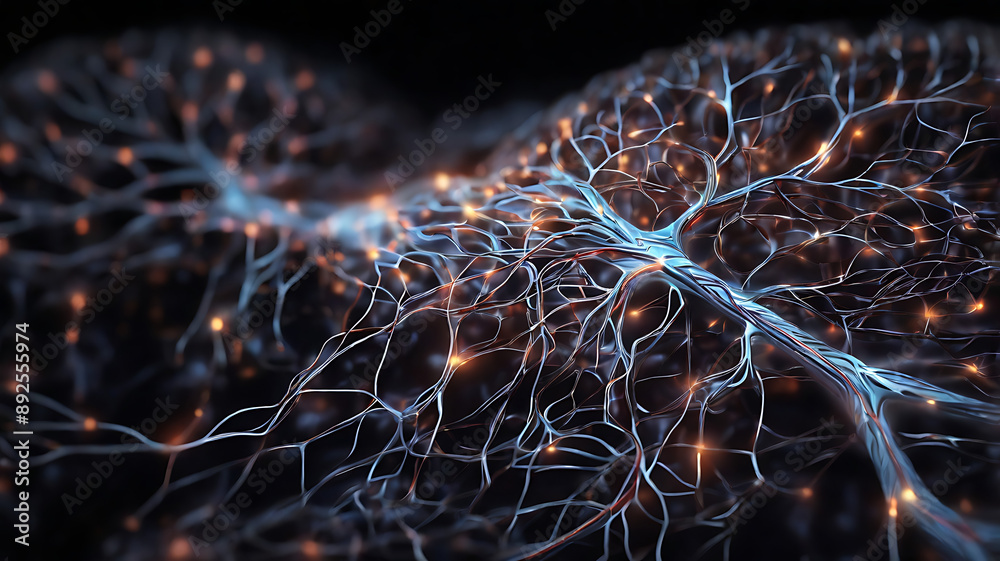 A detailed depiction of neural pathways in the brain, with electrical ...