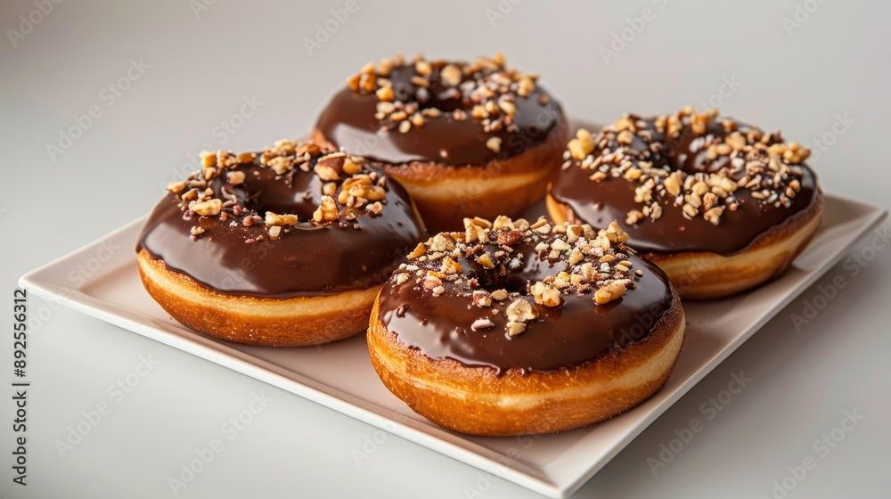 Plate of donuts with chocolate glaze and nuts on a white plate - Plate of donuts with chocolate glaze and nuts on a white plate -