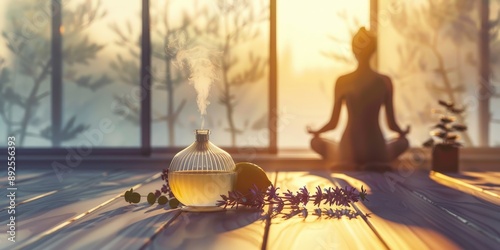 Diffuseur de parfum et femme en méditation au lever du soleil