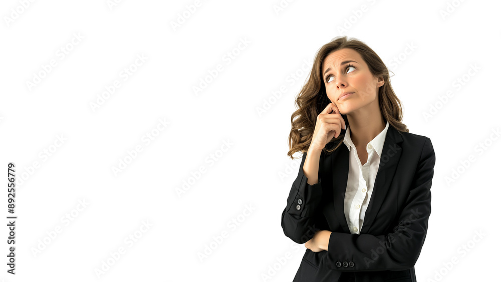 Woman thinking while looking up,doubtful and hesitant,isolated on white background,web banner. Woman thinking while looking up,doubtful and hesitant,isolated on white background,web banner.