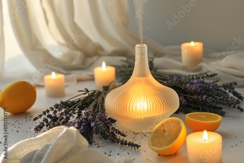 Diffuseur de parfum, lavande, agrumes et bougies allumées sur une table