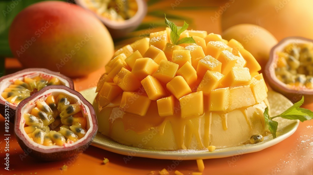 tropical mango and passionfruit cake with fresh mango slices on a vibrant orange background, refreshing and perfect for lively text tropical mango and passionfruit cake with fresh mango slices on a vibrant orange background, refreshing and perfect for lively text