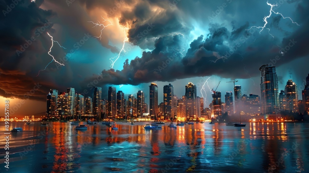 Obraz premium Thunderstorm over city skyline, dark clouds and rain,