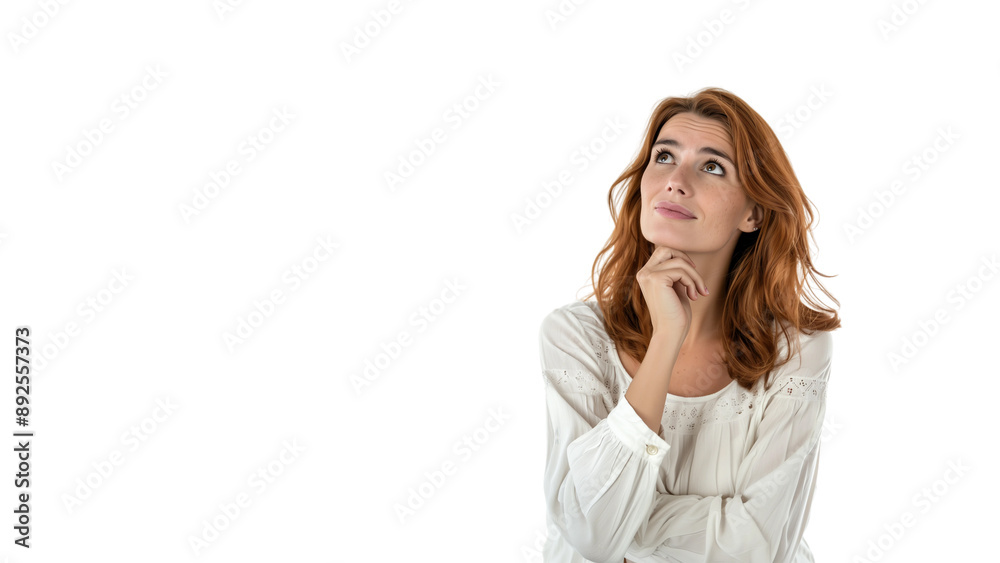 Woman thinking while looking up,doubtful and hesitant,isolated on white background,web banner.