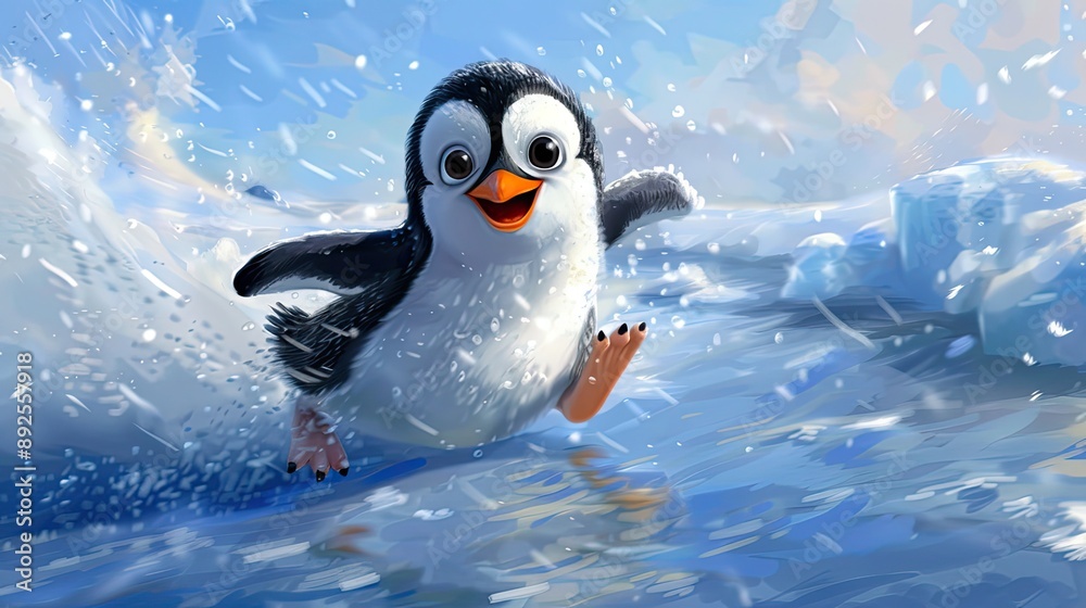 Fototapeta premium A happy penguin sliding on the ice, its face beaming with joy.