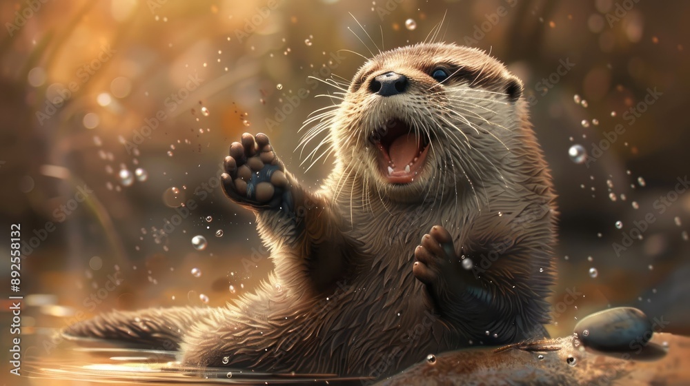 A joyful otter playing with a pebble, its face beaming with happiness. A joyful otter playing with a pebble, its face beaming with happiness.