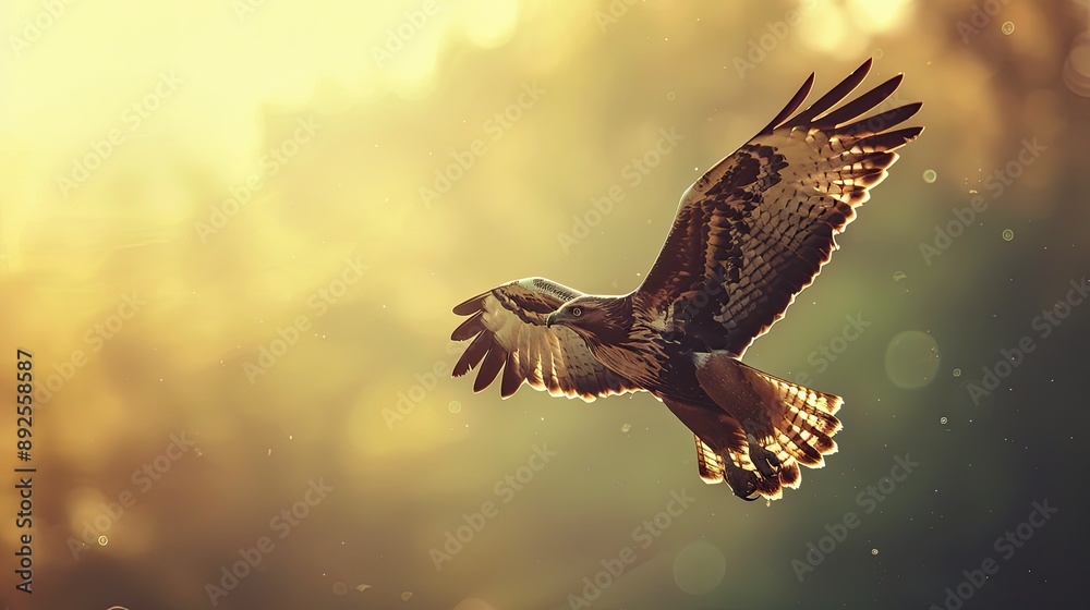 Obraz premium A lonely hawk flying alone in the sky, its wings spread wide with a sense of solitude.