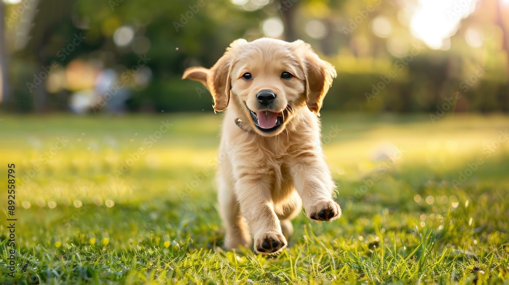 A playful puppy running through the park, its tail wagging with happiness.