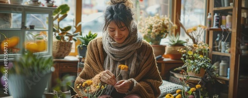 Person knitting in a quiet room, showcasing the repetitive and calming motion of creating photo