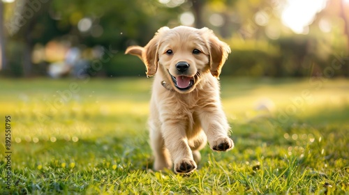 A playful puppy running through the park, its tail wagging with happiness.