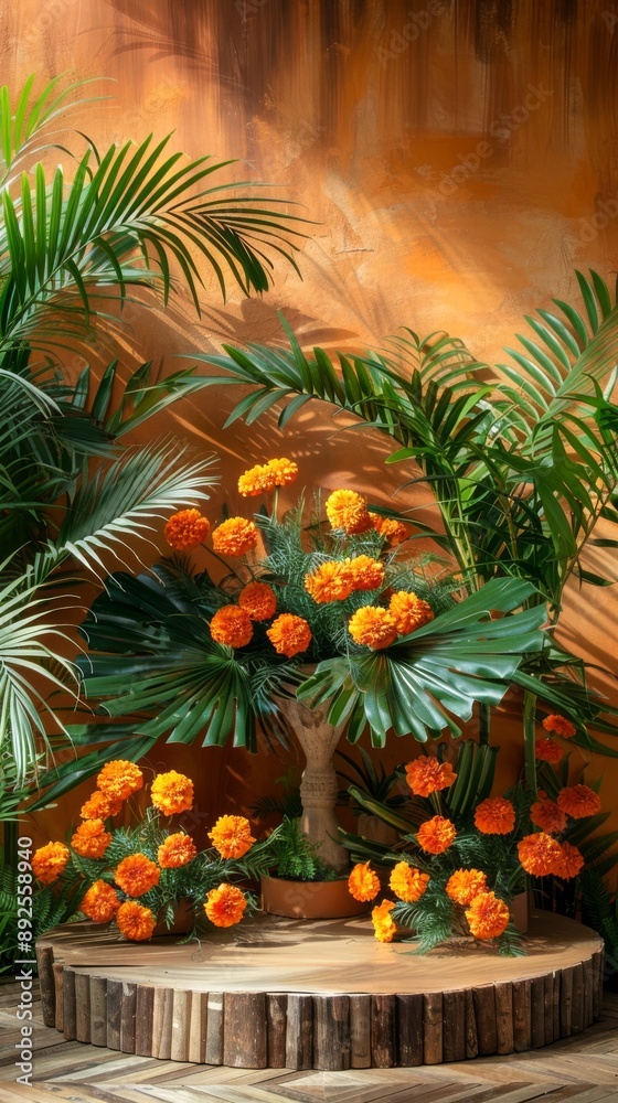 An empty podium with vibrant marigold flowers and tropical palms surrounding it, evoking a festive feel An empty podium with vibrant marigold flowers and tropical palms surrounding it, evoking a festive feel