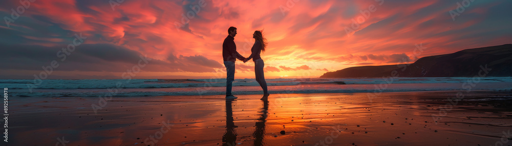 Fototapeta premium Couple Practicing Partner Acrobatics on Sandy Beach at Sunset.