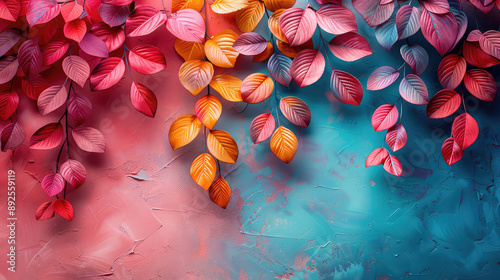 Fototapeta Naklejka Na Ścianę i Meble -  Elegant colorful tree with vibrant leaves hanging branches illustration background. Bright color 3d abstraction wallpaper for interior mural painting wall art decor. Ai	