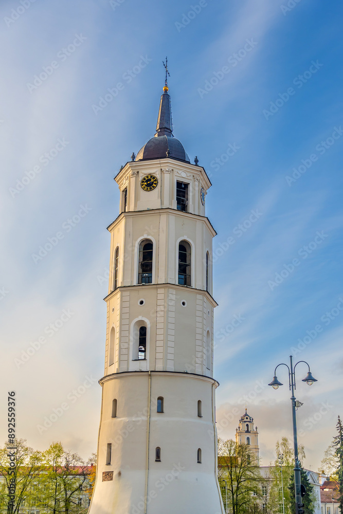 Bell Tower of Vilnius Cathedral with downtown Vilnius city skyline, cityscape of  Lithuania