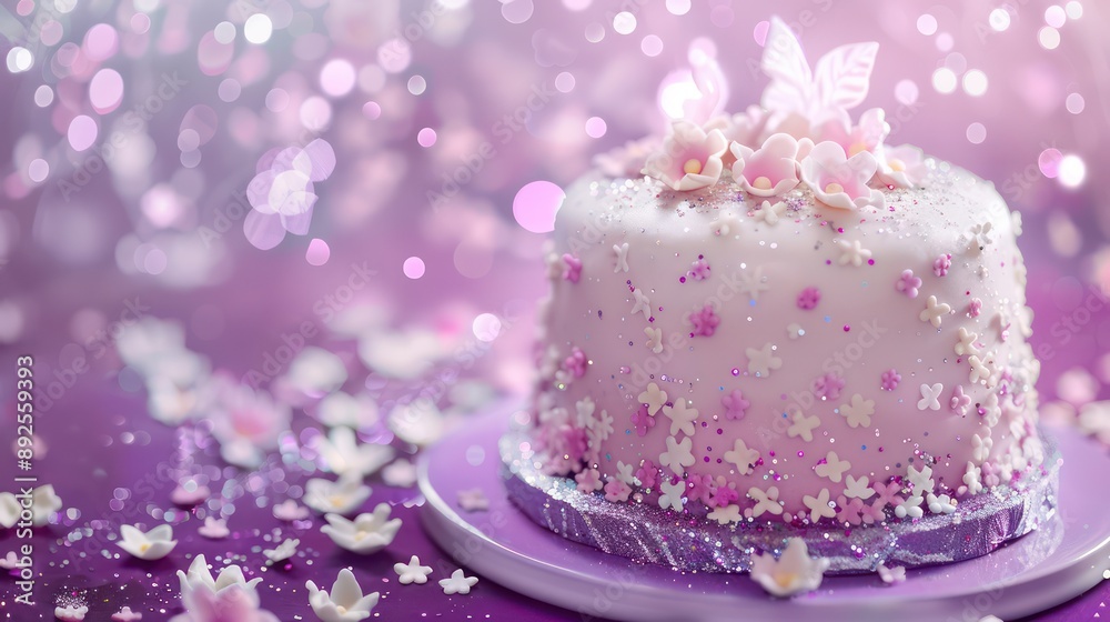 whimsical fairy cake with edible glitter and tiny sugar flowers on a bright violet background, magical and perfect for text whimsical fairy cake with edible glitter and tiny sugar flowers on a bright violet background, magical and perfect for text