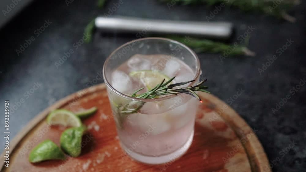 Close-up of rosemary being set on fire. The process of preparing a cocktail and a refreshing summer drink with alcohol for a party. Cold sparkling water with gin and lime Close-up of rosemary being set on fire. The process of preparing a cocktail and a refreshing summer drink with alcohol for a party. Cold sparkling water with gin and lime