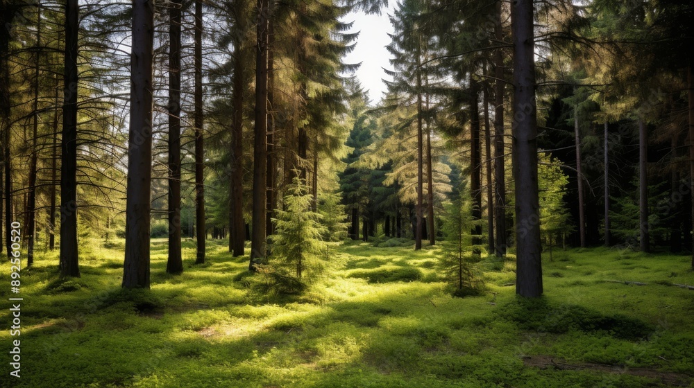 Obraz premium Peaceful woodland with mature spruce, fir, and pine trees, green foliage, natural light