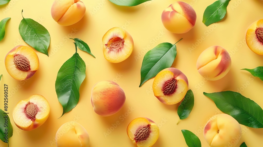 Aerial view of peach fruit with half slice and green leaves, flying in the air with leaves isolated on a bright backdrop Aerial view of peach fruit with half slice and green leaves, flying in the air with leaves isolated on a bright backdrop