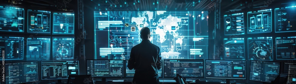 A lone figure stands in a darkened room, surrounded by numerous screens displaying data. A lone figure stands in a darkened room, surrounded by numerous screens displaying data.